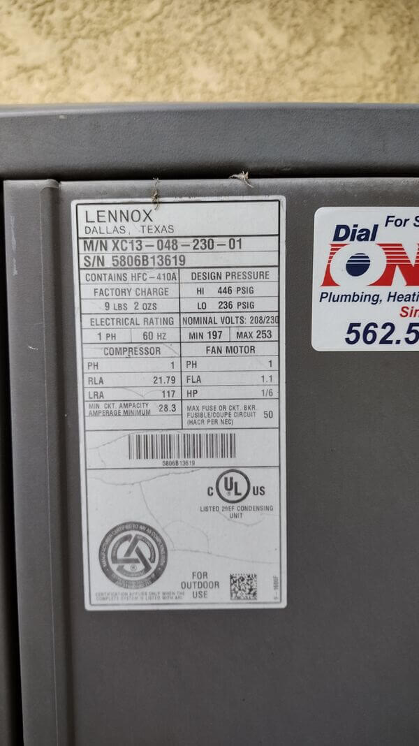 Lennox heating system specification label for residential HVAC service near Cypress, CA