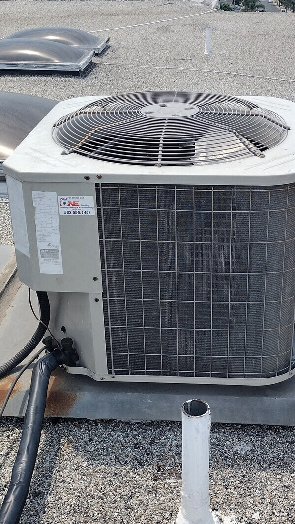 Rooftop HVAC condenser unit representative of air conditioning systems found in Hawaiian Gardens buildings.