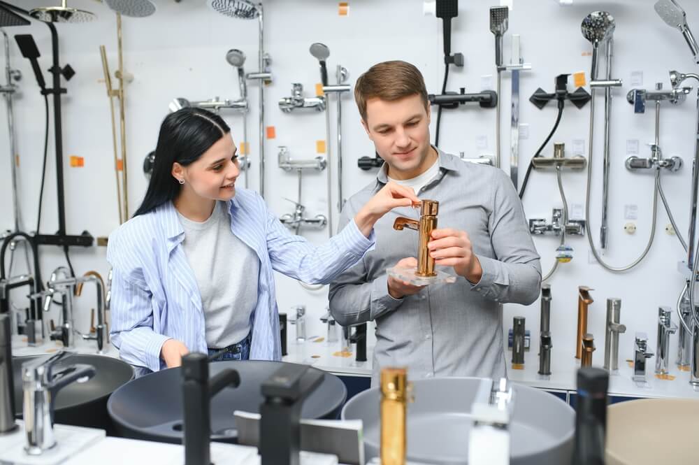Couple selecting a new faucet and sink.
